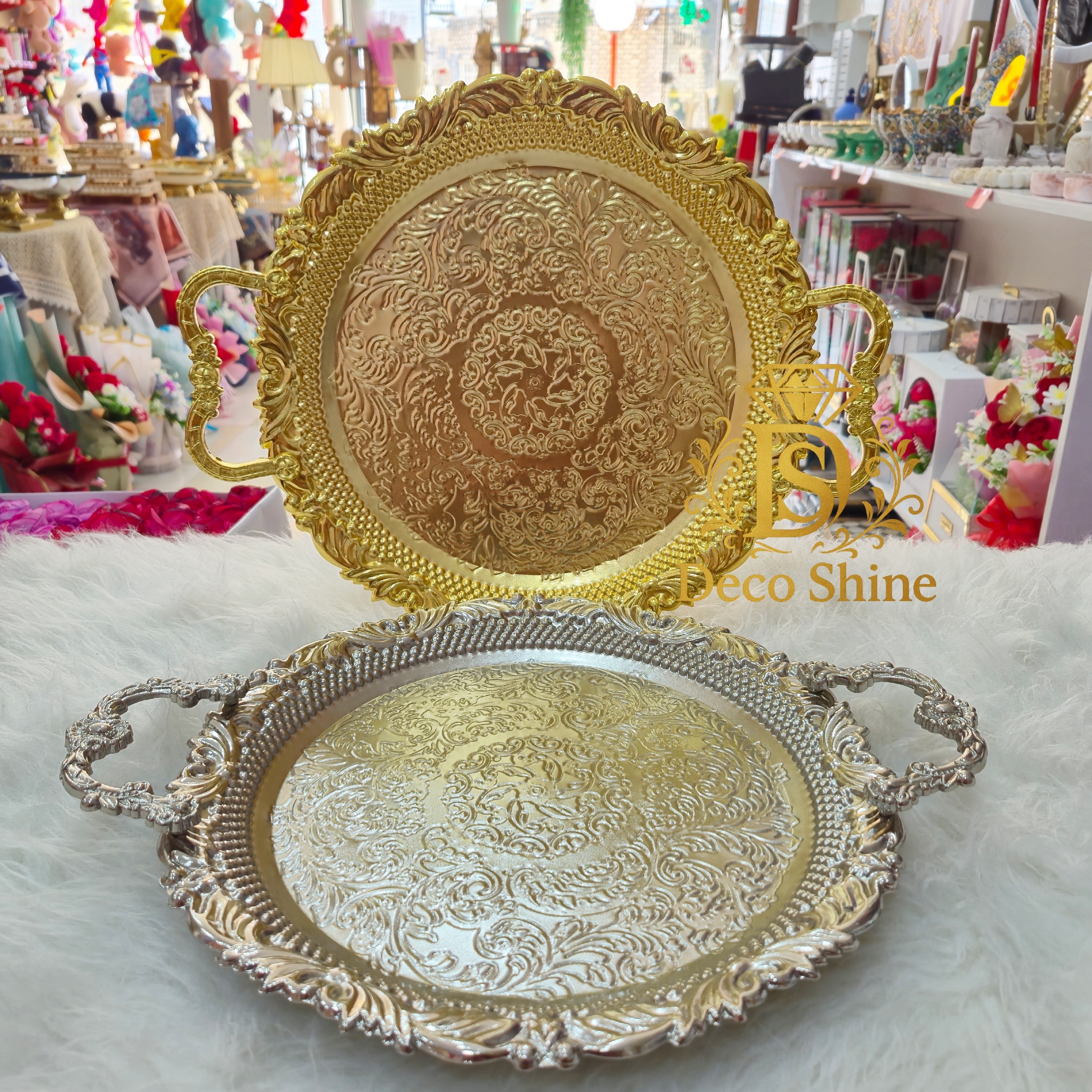 سینی فلزی طرحدار گرد سیلور طلایی 38×33 رنگ ثابت