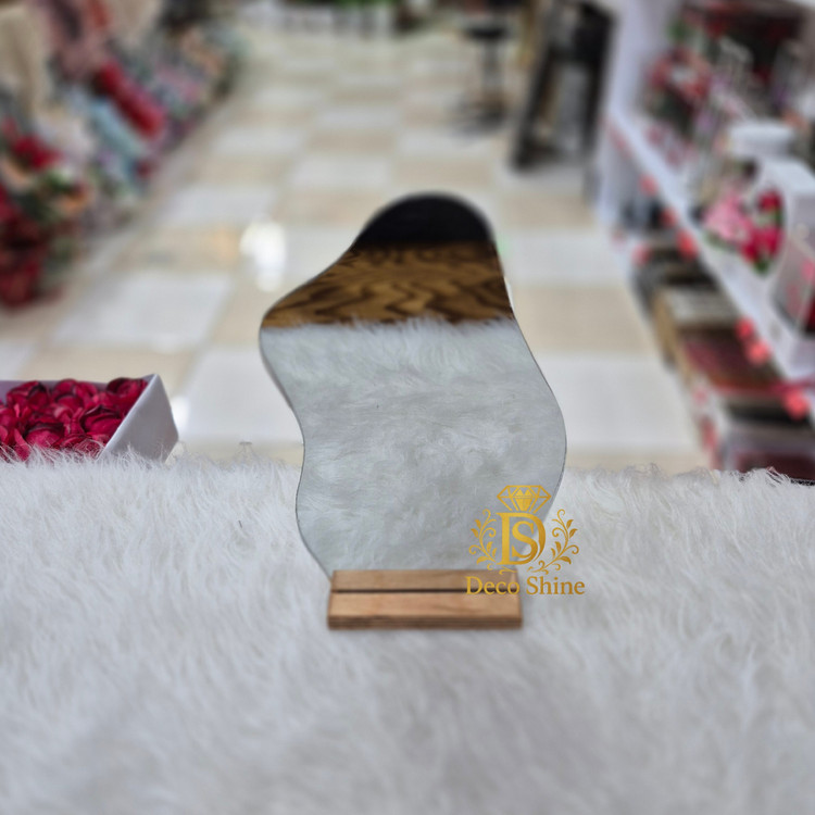 آینه رومیزی دفرمه پایه چوبی (آینه دکوری شیک)