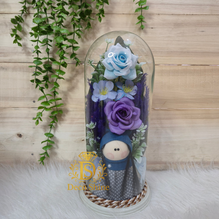 باکس گل جاودان عروسک دار (30 سانت) شیشه ای