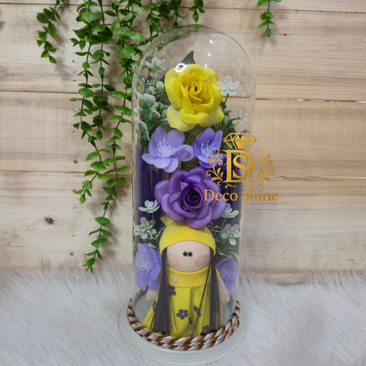 باکس گل جاودان عروسک دار (30 سانت) شیشه ای