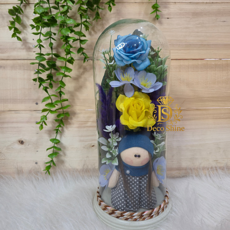 باکس گل جاودان عروسک دار (30 سانت) شیشه ای