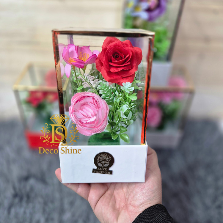 باکس گل شیشه ای دو گل پرکار (کادویی) دست ساز